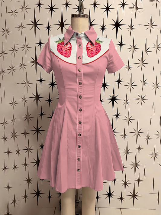 Retro Strawberry Disco Printed Shirt Dress