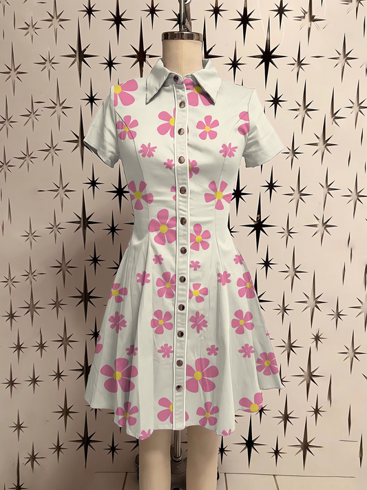 Retro Floral Printed Shirt Dress