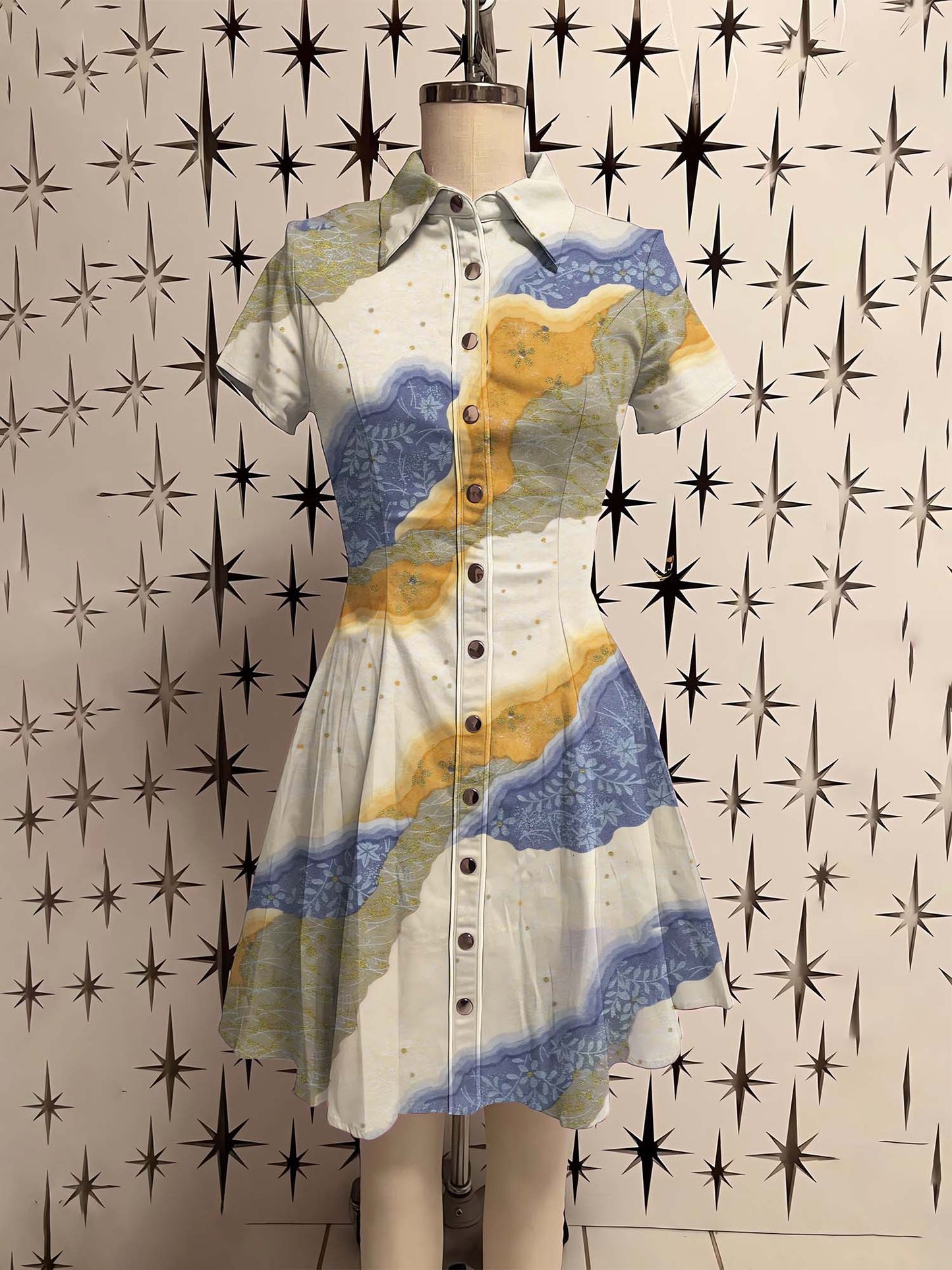 Vintage Ukiyo-E Wave Flower Printed Shirt Dress