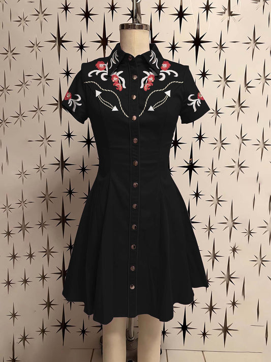 Vintage Western Flower Printed Shirt Dress