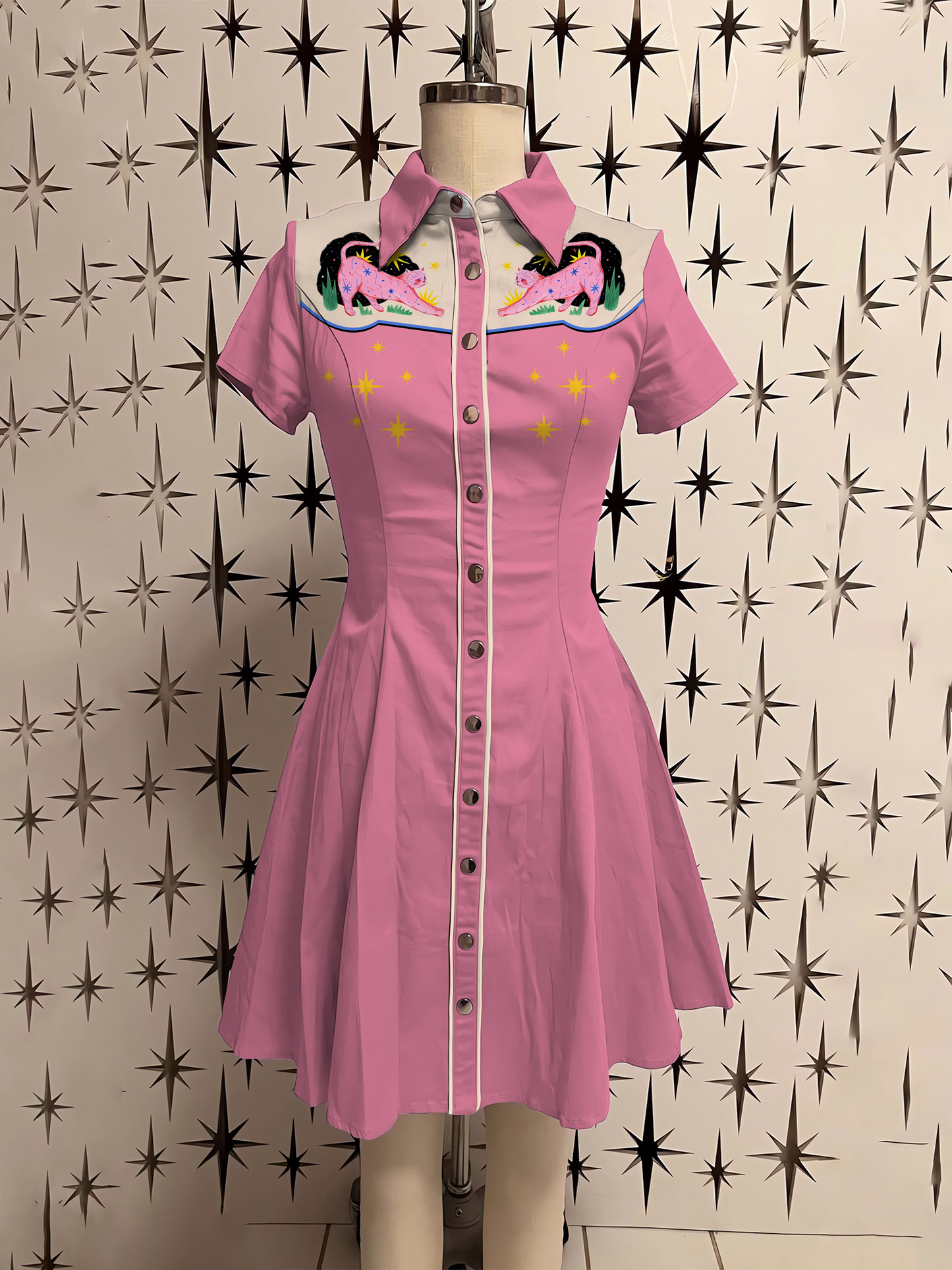 Western Cat Stars Retro Shirt Dress