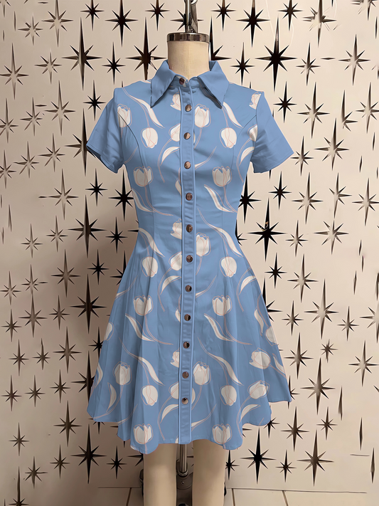 Retro Western Floral Printed Shirt Dress