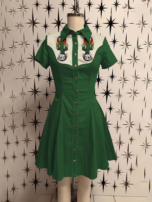 VIntage Western Cactus Printed Shirt Dress