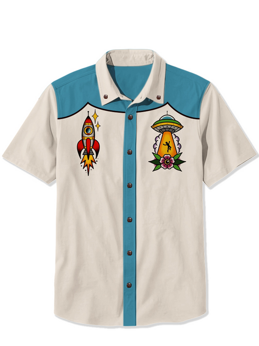 Men'S Rocket And UFO Printed Shirt