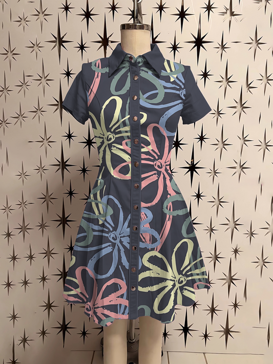 Retro Western Floral Printed Shirt Dress