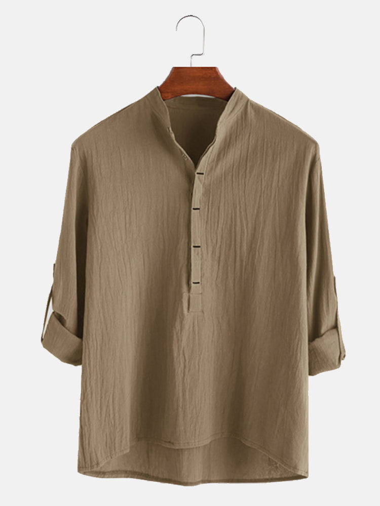 Solid Color Stand-Up Collar Cotton Linen Shirt