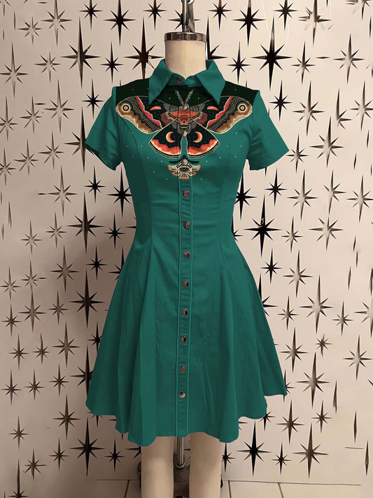 Vintage Moth Printed Shirt Dress