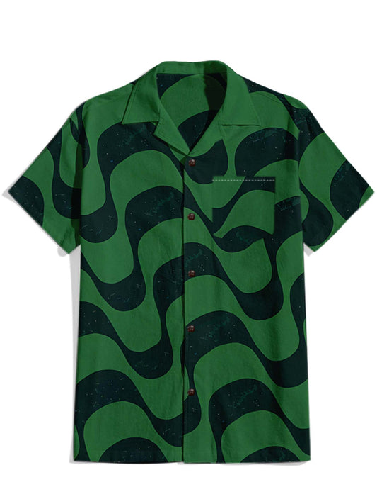 Men'S Green Wave Printed Cuban Collar Shirt