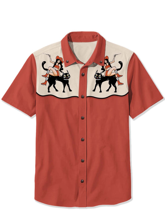 Men'S West Black cat cowgirl Printed Shirt