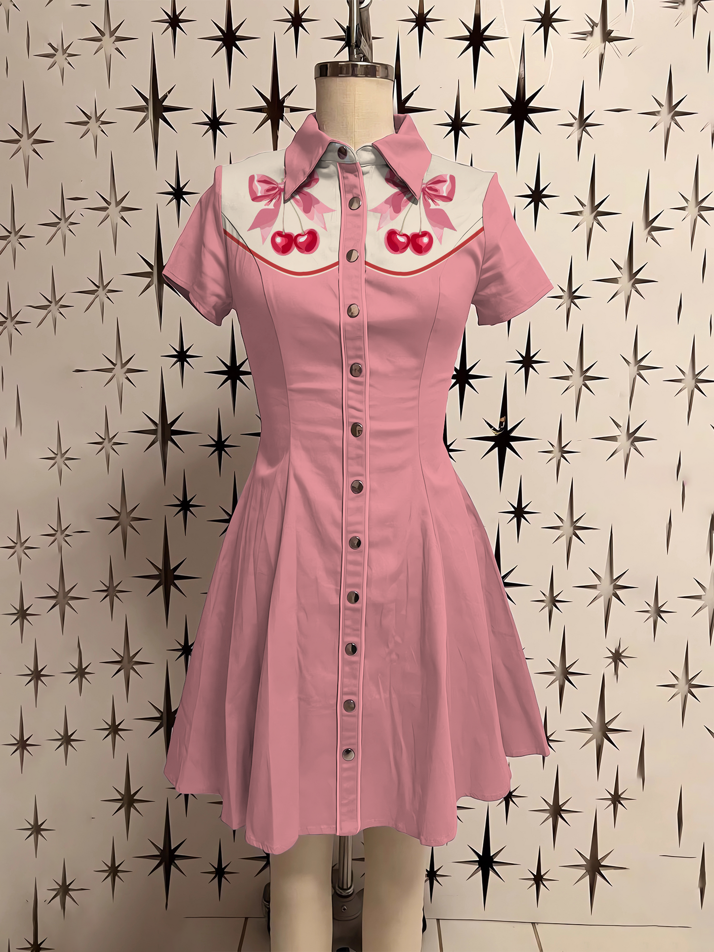 Vintage Cherry Bow Printed Shirt Dress