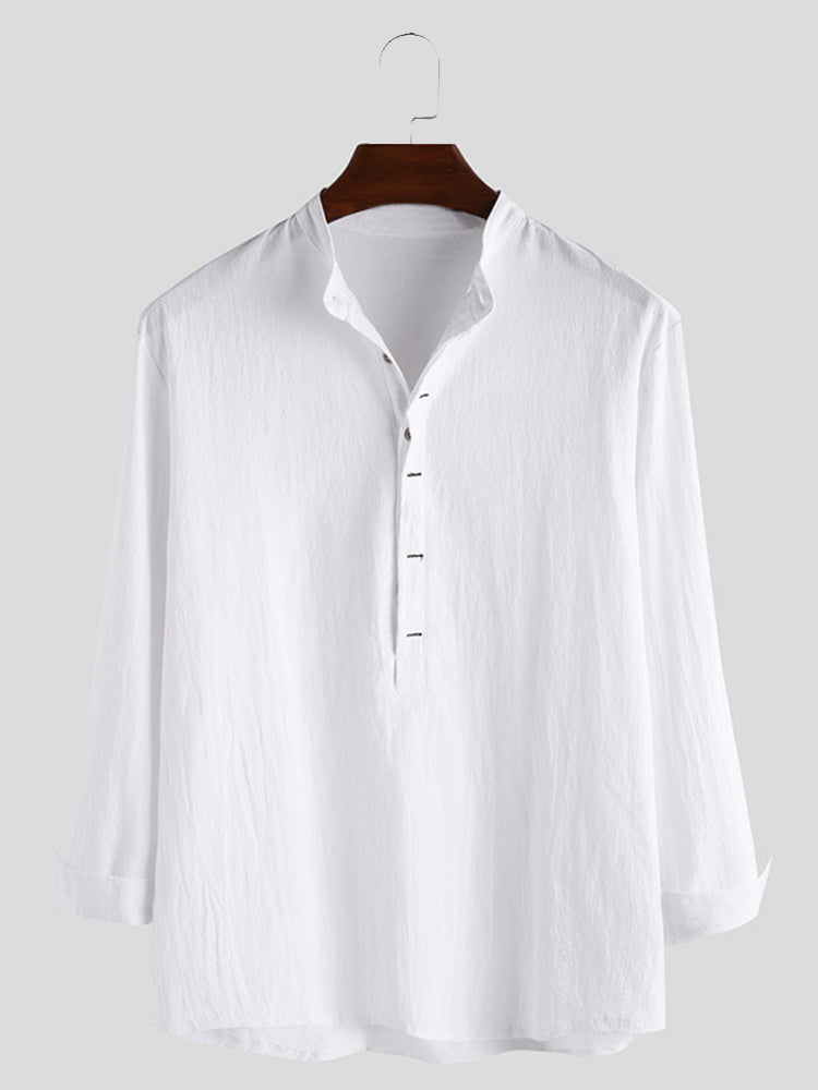 Solid Color Stand-Up Collar Cotton Linen Shirt