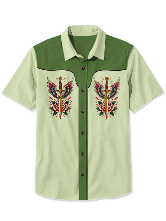 Men'S Retro Tattoo Rose And Sword Printed Shirt