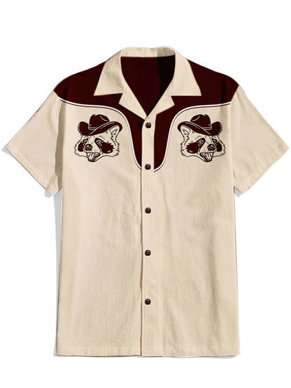 Men'S West Cowboy Raccoon Printed Cuban Collar Shirt