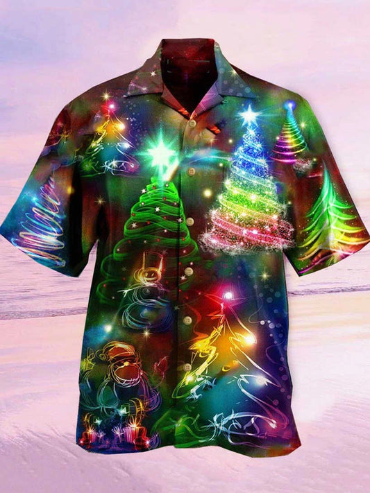 Mens Christmas Pine Tree Print Loose Short Sleeve Shirts