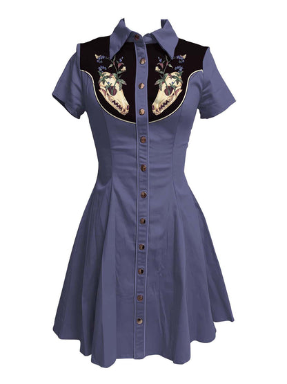 Skull And Flower Printed Shirt Dress