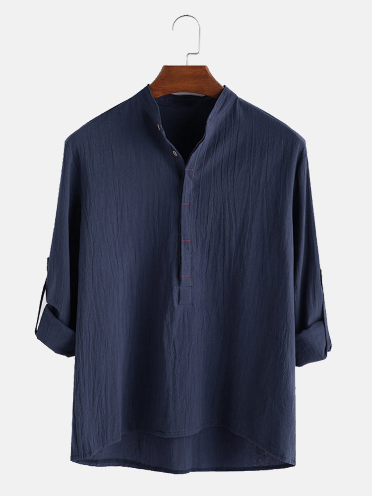 Solid Color Stand-Up Collar Cotton Linen Shirt