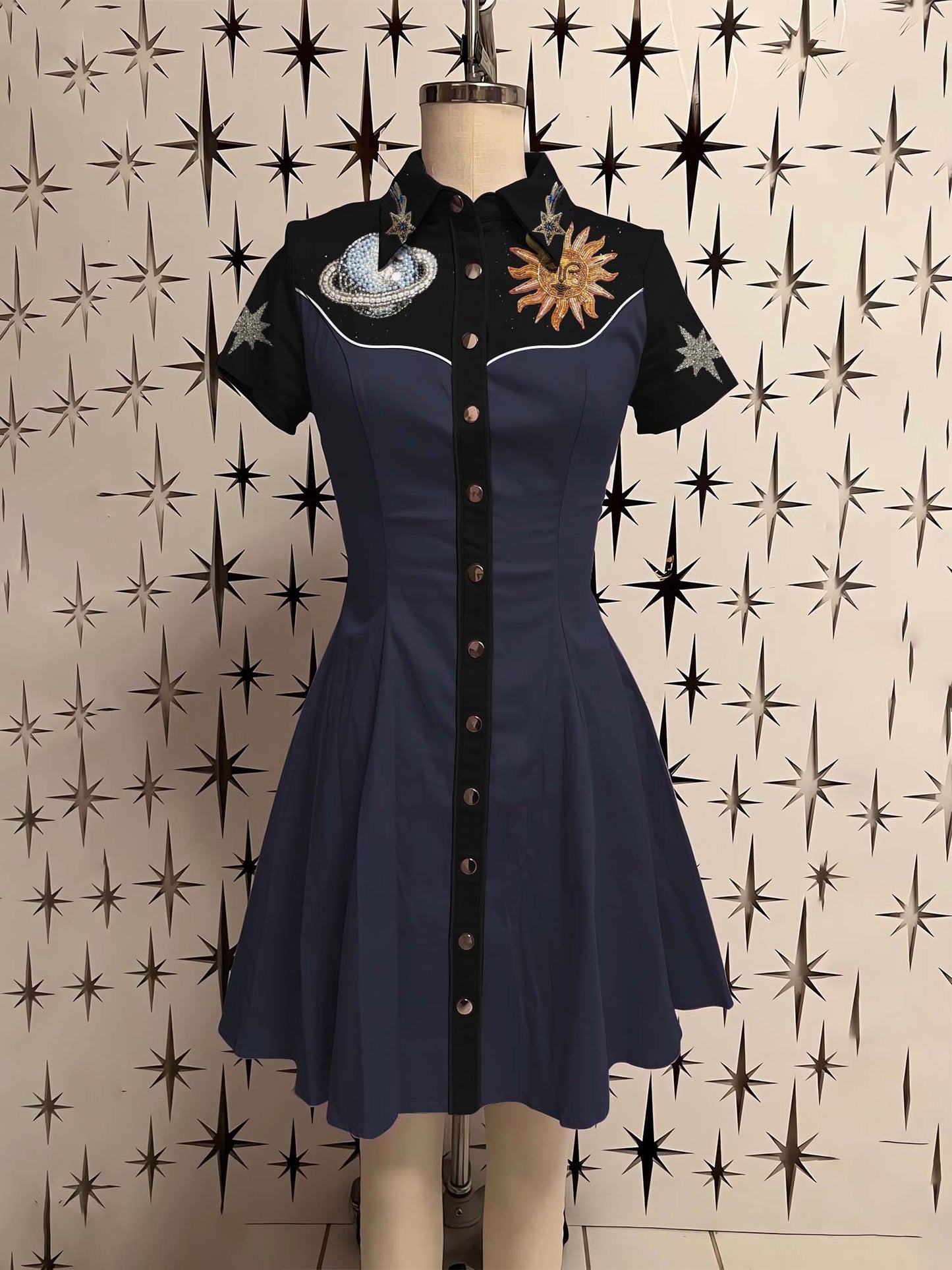 Planet And Sun Simulated 3D Beaded Embroidery Printed Shirt Dress