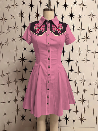 Retro Pink Leopard Printed Shirt Dress