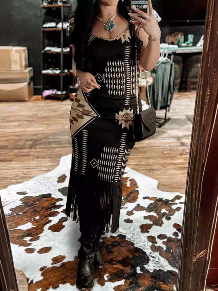 Aztec geometric fringe maxi dress