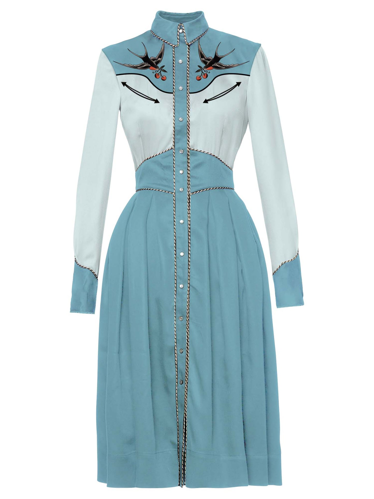 Western Swallow And Cherry Shirt Dress