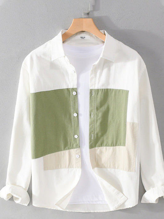 Men'S Color Block Cotton Linen Shirt