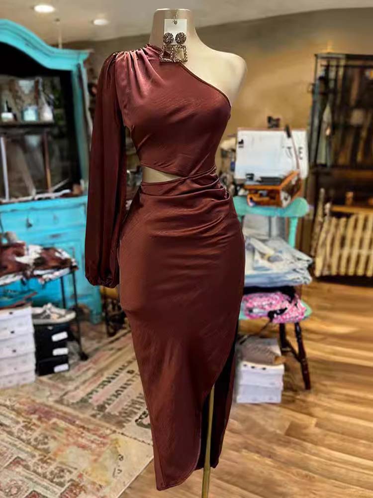 Brown one shoulder casual women's dress