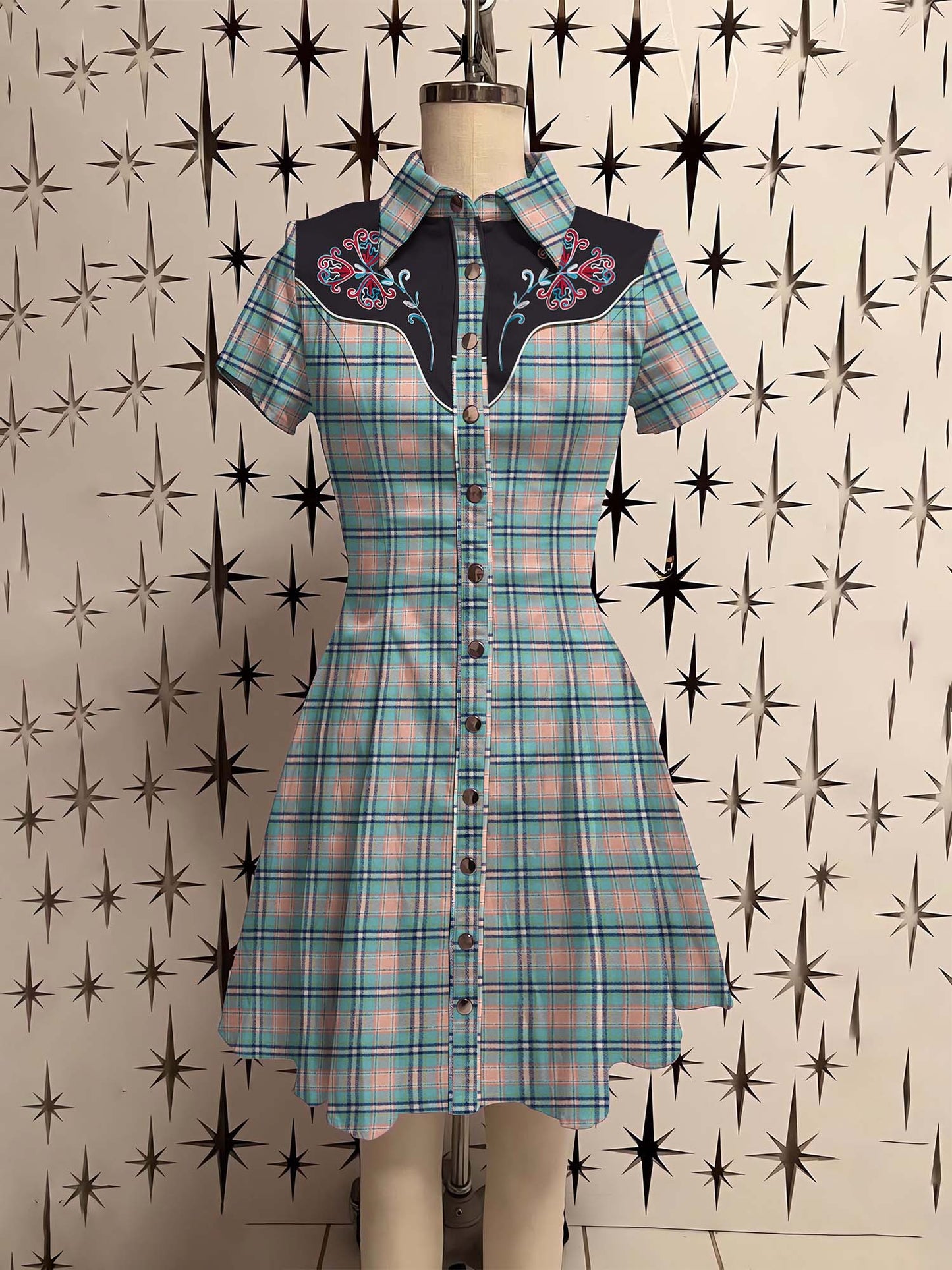 Vintage Western Flower And Plaid Printed Shirt Dress