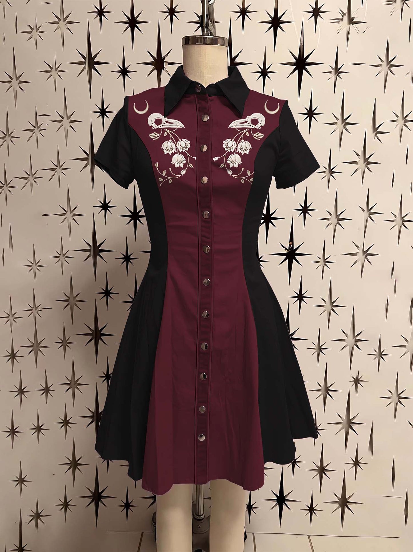 Moon Raven Skull And Flowers Printed Shirt Dress