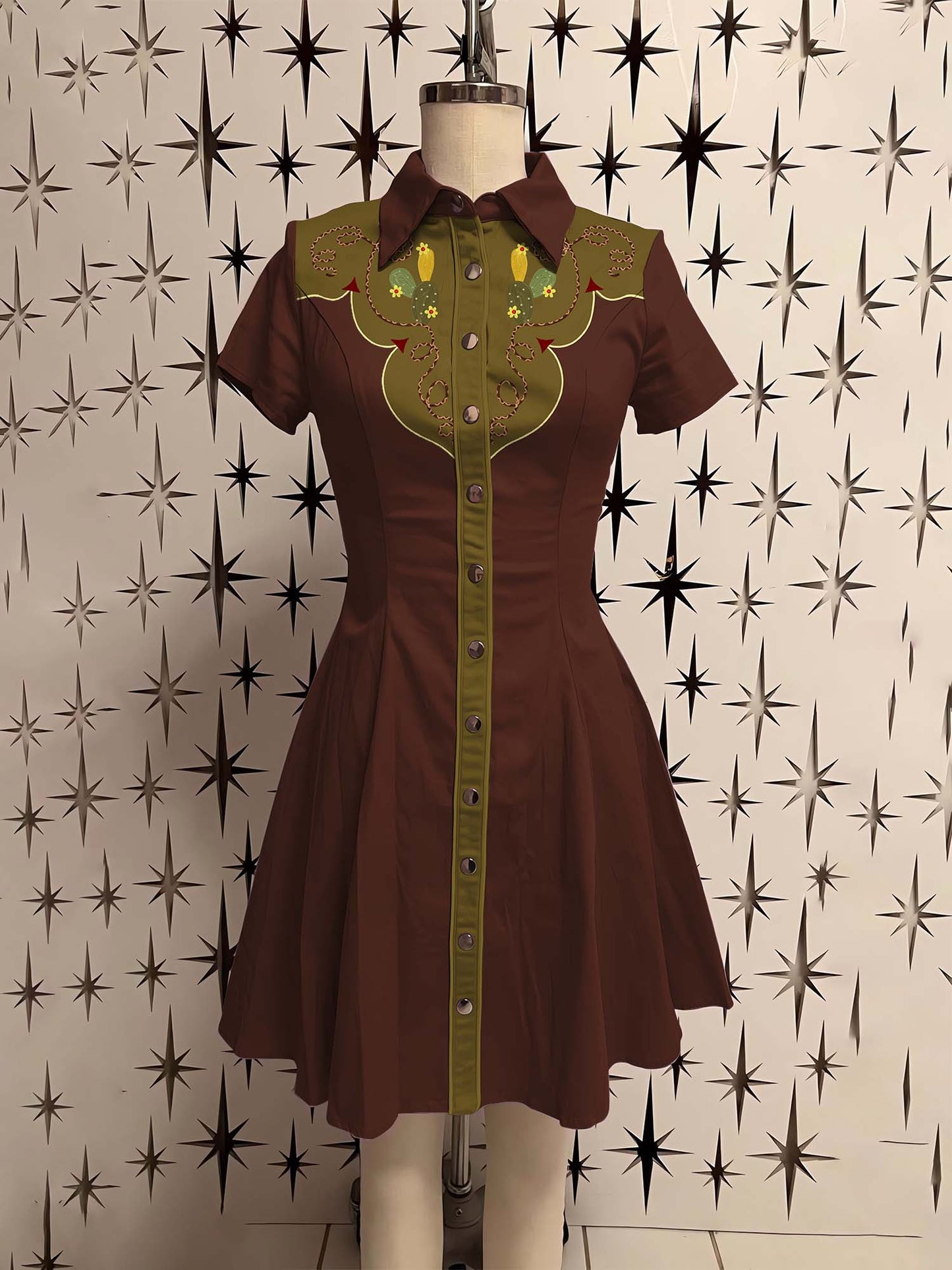 Vintage Western Cactus Printed Shirt Dress