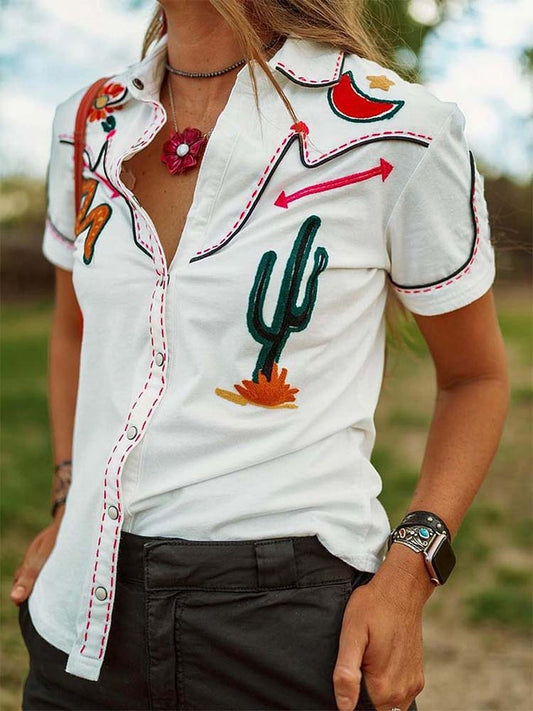 Women'S Vintage Western Cactus Printed Shirt