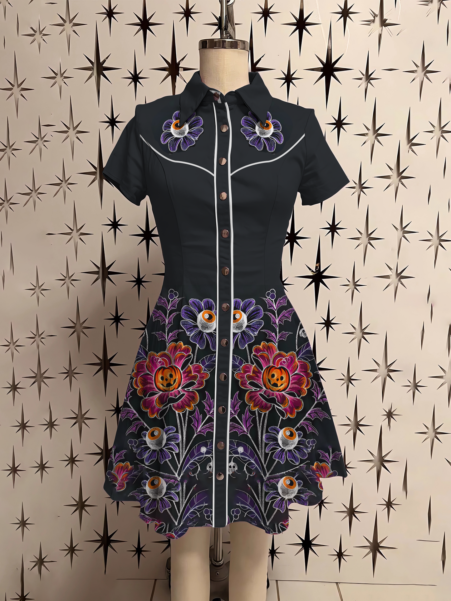 Dark Floral Eyes Printed Shirt Dress