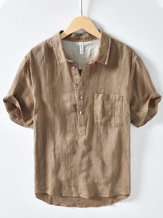 Men'S Stripe Texture Cotton Linen Shirt