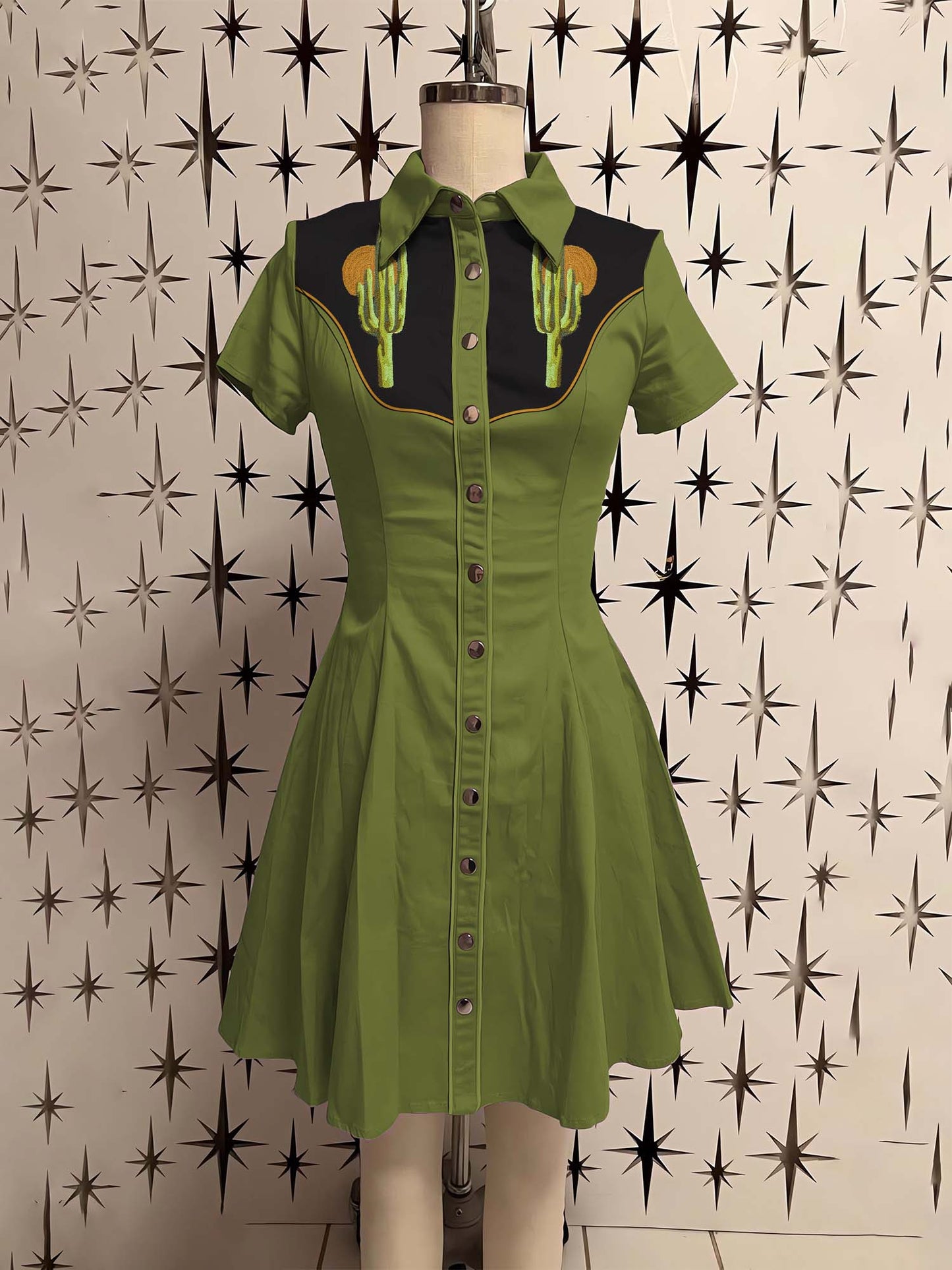 Vintage Western Cactus Printed Shirt Dress