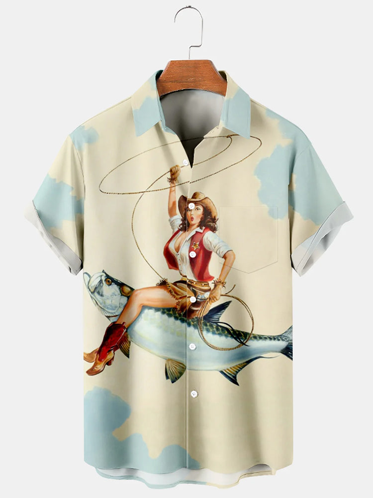 Men'S Ocean Western Cowgirl And Fish Printed Shirt