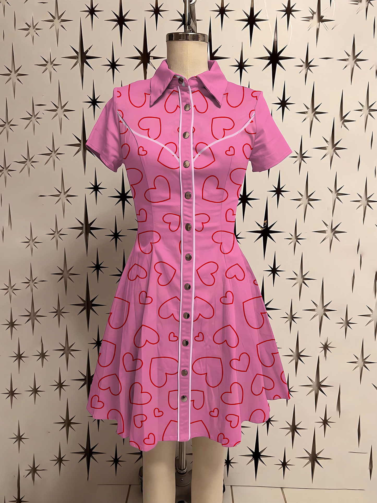 Retro Love Heart Printed Shirt Dress