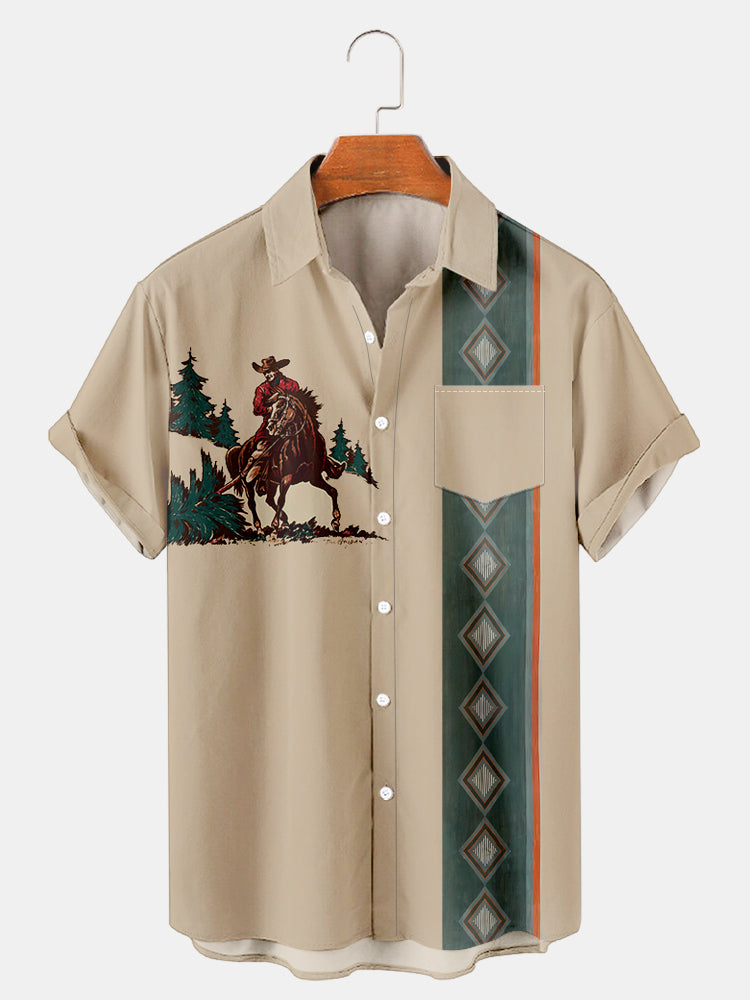 Men'S Western Cowboy Print Short Sleeve Shirt