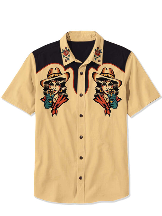 Men'S Cowgirl And Gun Tattoo Printed Shirt