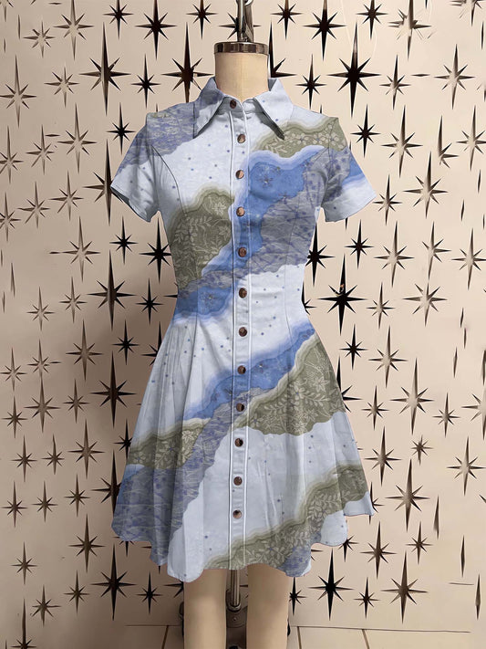 Vintage Ukiyo-E Wave Flower Printed Shirt Dress