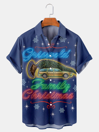 Men'S Neon Christmas Tree And Car Printed Shirt