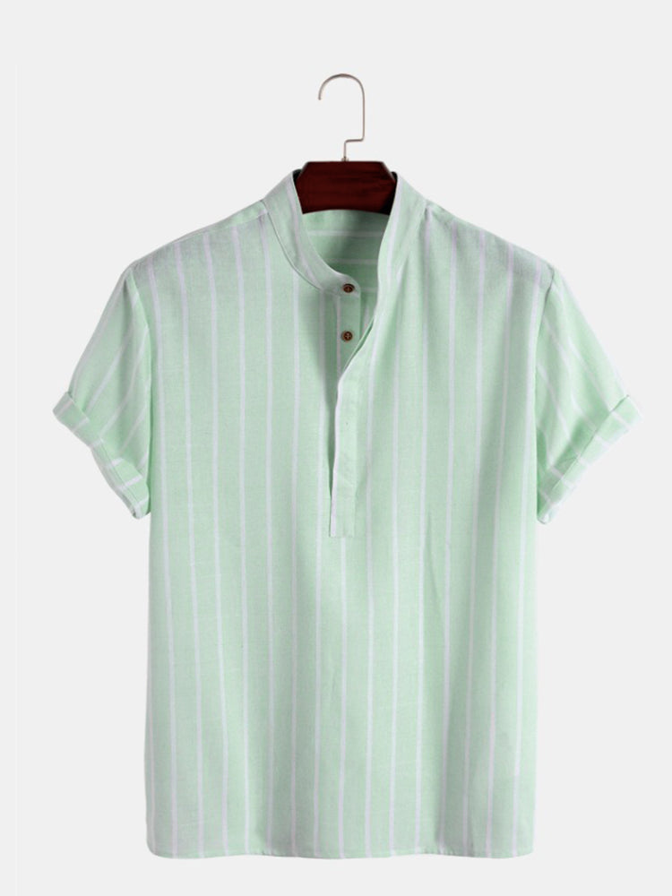 Men's Cotton Linen Striped Regular Sleeve Shirt