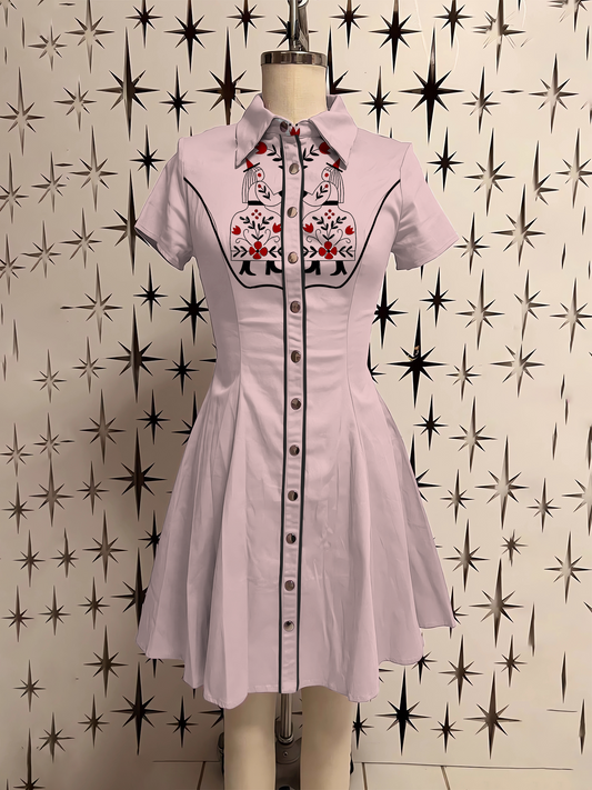 Retro Floral Cowgirl Printed Shirt Dress