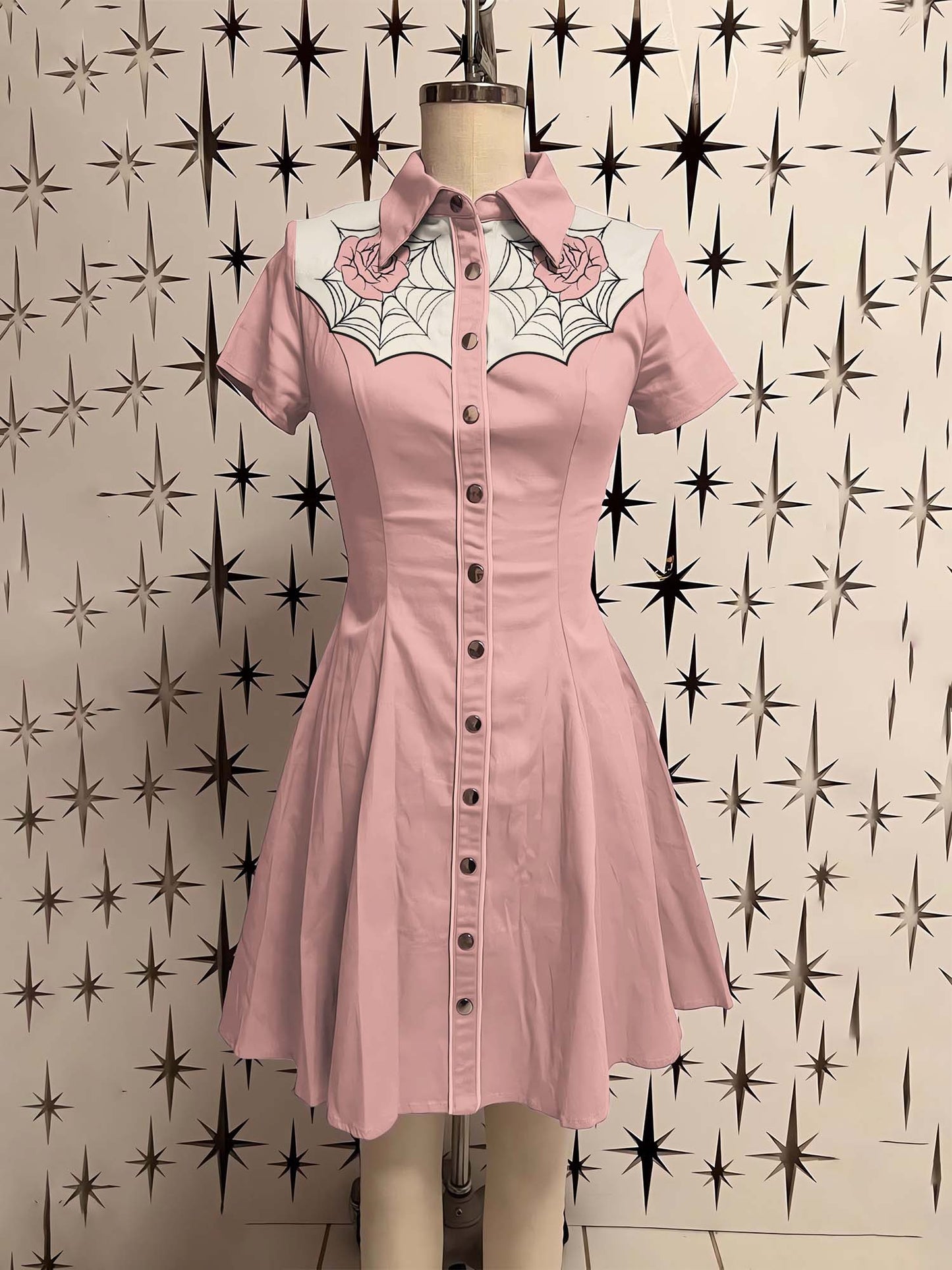 Vintage Spider Web And Rose Printed Shirt Dress