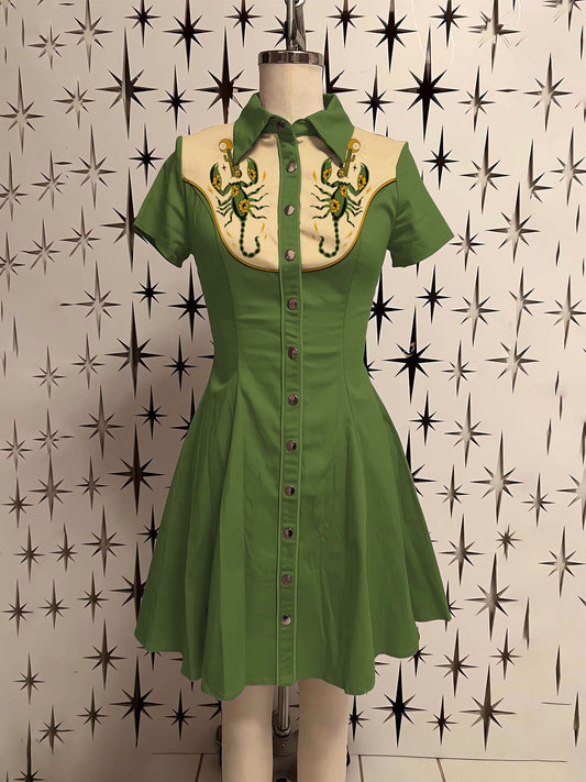 Western Scorpion And Cactus Printed Shirt Dress