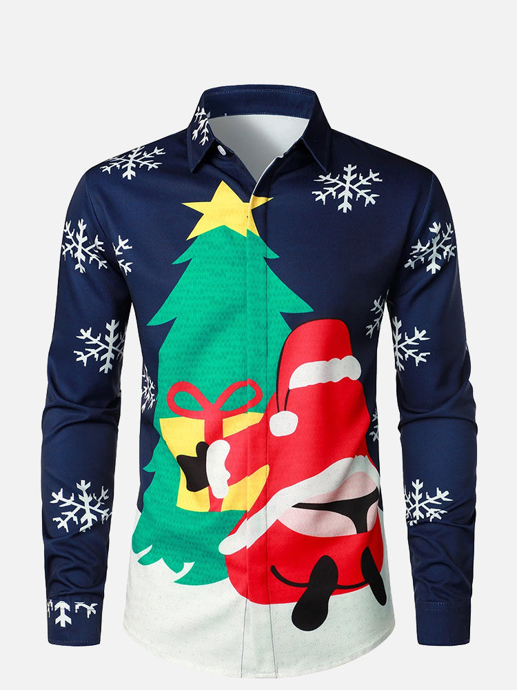 Men's Christmas Tree And Santa Print Long Sleeve Shirt