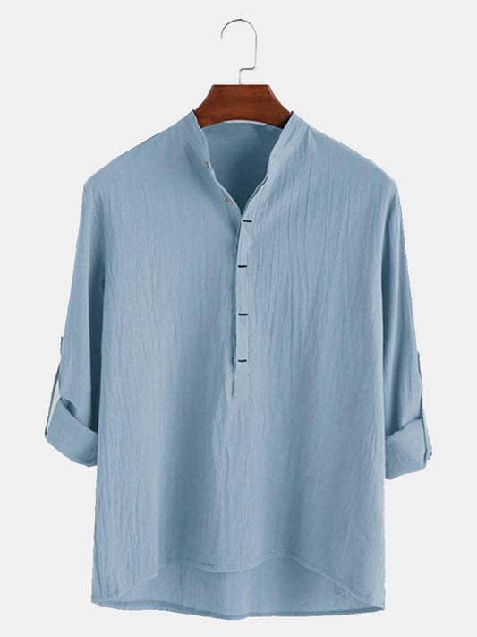 Solid Color Stand-Up Collar Cotton Linen Shirt