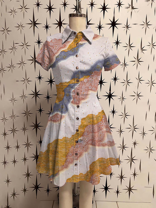 Vintage Ukiyo-E Wave Flower Printed Shirt Dress