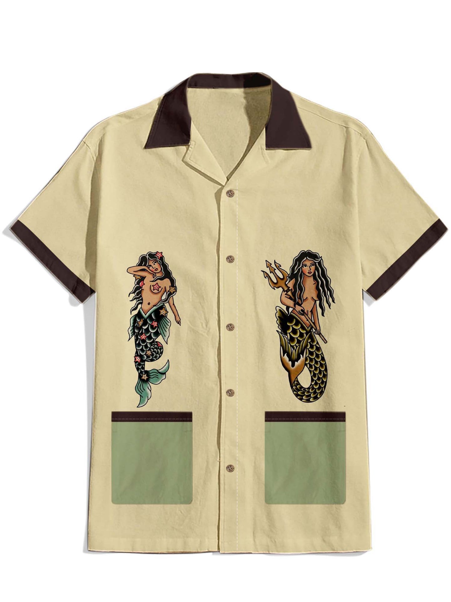 Men'S Mermaid'S Chant Printed Cuban Collar Shirt