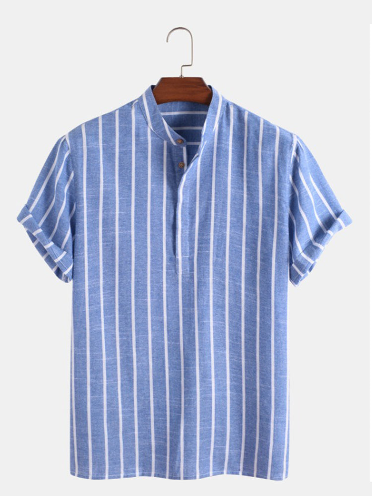 Men's Cotton Linen Striped Regular Sleeve Shirt