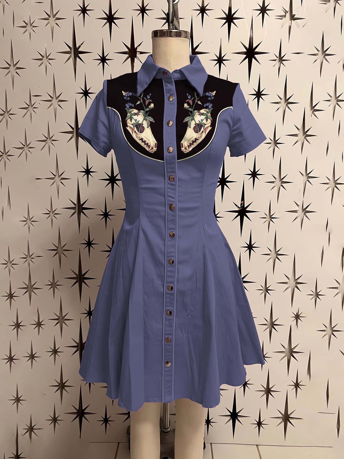 Skull And Flower Printed Shirt Dress