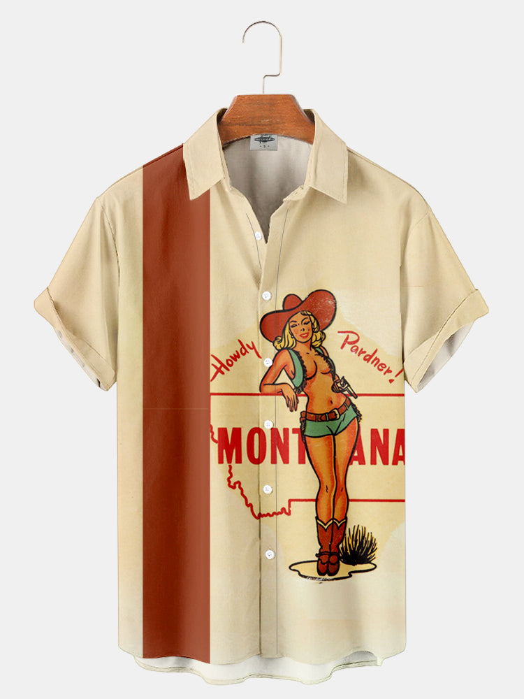 Men'S Western Pin-Up Firl Cowboy Howdy Pardner! Vintage Print Shirt